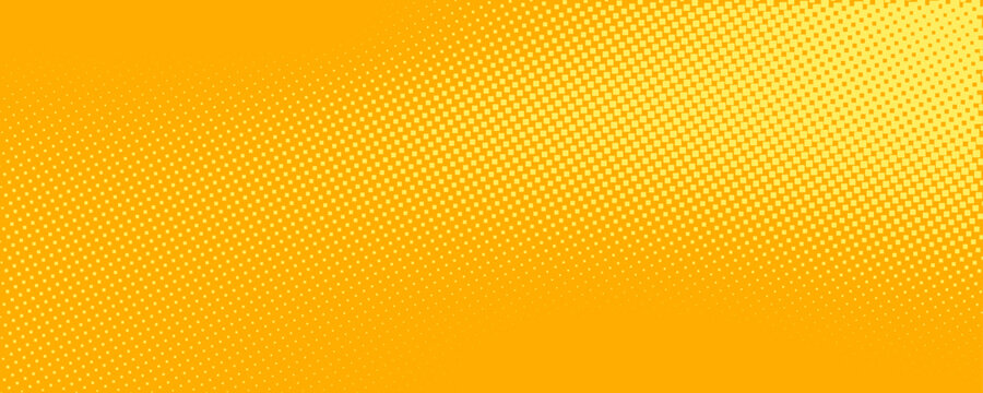 Yellow orange halftone pattern. Retro comic gradient background. Square pixilated dot cartoon texture. Pop art faded gradient pattern. Vector backdrop.