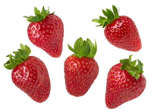 Whole strawberries with leaf isolated on white background.