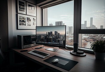 Fototapeta premium Office interior with pc computer on desk, panoramic window on city view. Generative AI