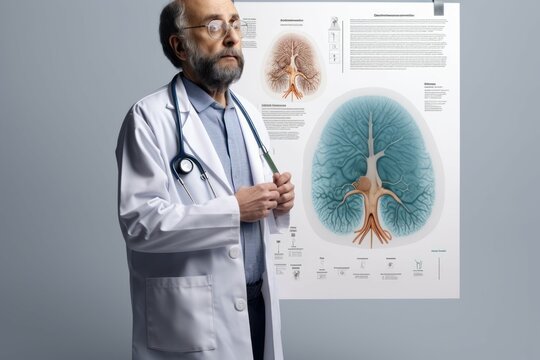 A male doctor in a medical college with an anatomy poster leads an online class. AI generated, human enhanced