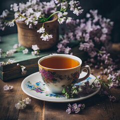 Obraz na płótnie Canvas Beautiful Cup of Tea on a Wooden Table with Spring Flowers. Generative AI