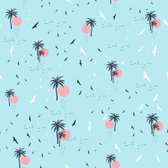 Vacation travel theme vector pattern with palm trees, sun and birds - 590956927