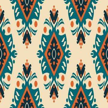 Ikat tribal Indian seamless pattern Ethnic Aztec fabric carpet mandala ornament native boho tribal textile Geometric African American oriental tranditional vector illustrations Embroidery style motif.