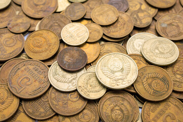 Soviet coins close up. USSR coins, top view. Old coins for numismatics. Historical heritage. Background