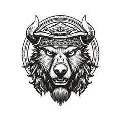 bear wearing viking helmet, vintage logo concept black and white color, hand drawn illustration