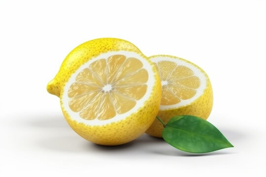 Three lemons with a green leaf next to them