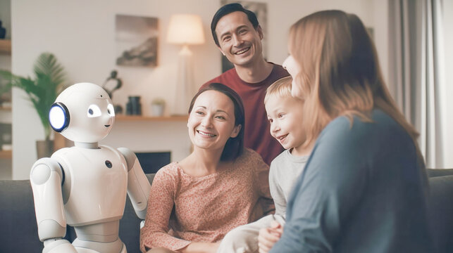 A family enjoys talking and spending time together with a humanoid robot. AI in everyday living. Artificial intelligence become conscious and sentient. Generative AI