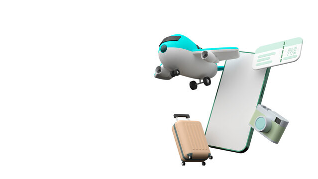 Preparations for a happy journey away. Airplane, ticket,
luggage bag, passport, etc. 3d rendering