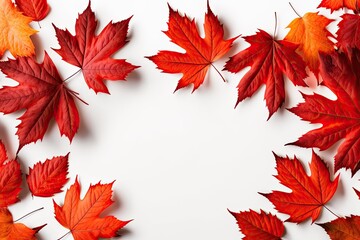 Naklejka na ściany i meble autumn leaves in warm tones on a neutral background. Generative AI