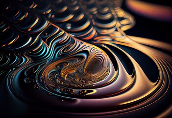 Iridescent Surface with Ripples and Swirls. Black Futuristic Background. Generative AI