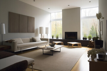 Obraz na płótnie Canvas living room interior, simple, white, creamy. Created using generative AI.