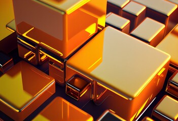 Orange and Yellow, Glossy Blocks Perfectly Aligned to create a Modern Tech Background. 3D Render. Generative AI