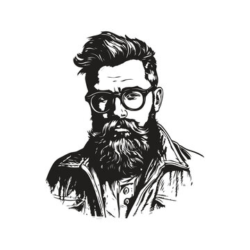 bearded man in glasses, vintage logo concept black and white color, hand drawn illustration