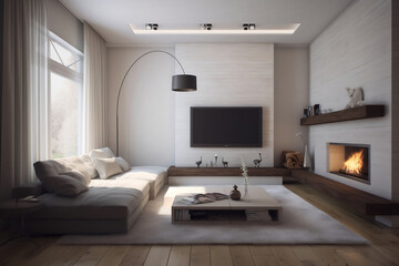 modern living room with fireplace, simple, white, creamy. Created using generative AI.

