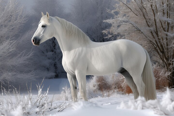 Fototapeta na wymiar A Stunning White Stallion in a Snowy Scenery - Captivating Illustration Perfect for Winter-Themed Projects