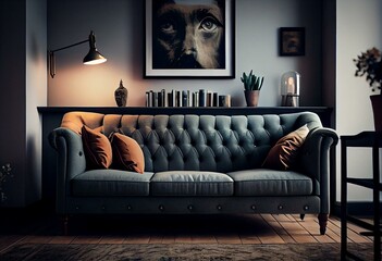 Sofa vor Wand im Wohnzimmer. Generative AI