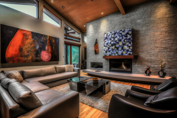 living room interior, surrealism, colourful, designer, architecture. Created using generative AI.