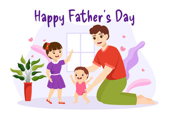 Happy Fathers Day Illustration with Father and his Son Playing Together in Flat Kids Cartoon Hand Drawn for Web Banner or Landing Page Templates