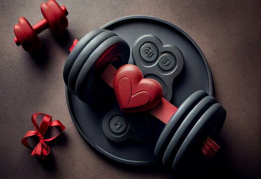 Gym dumbbells barbell weight plate and red ribbon in shape of a heart. Love gift for Valentine's Day, marriage proposal engagement, anniversary or wedding. Fitness workout and sport. Generative AI