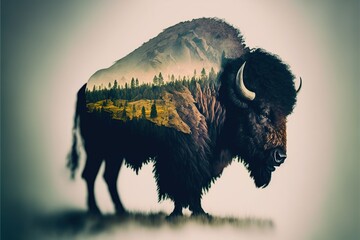 American male bison grazing on grassland with double exposure background of natural scenery in yellowstone. Large mammal body with fur and horn. Superb Generative AI. - obrazy, fototapety, plakaty