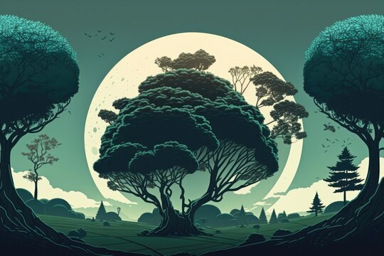 mystical forest with a full moon in the background. Generative AI