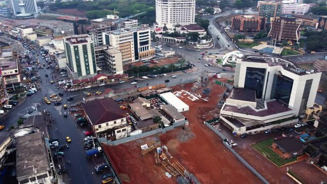 Aerial view overlooking traffic at the Prime Ministerial Roundabout in cloudy Yaounde, Cameroon