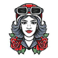 retro biker girl with roses logo