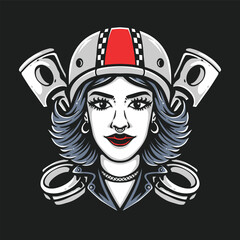retro biker girl with piston logo