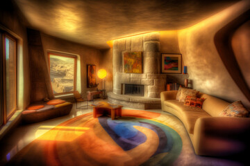living room interior, surrealism, colourful, designer, architecture. Created using generative AI.