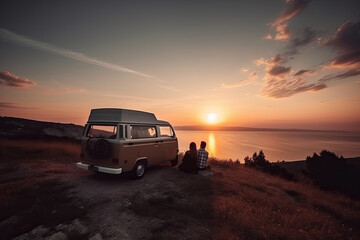 Obraz na płótnie Canvas Young couple sits on a hill above the sea next to their camper van and looks at the sunset, generative AI