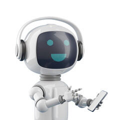 Friendly cartoon style chat robot with mobile phone. 3d illustration.