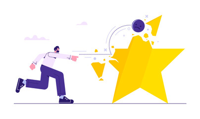 Male consumer throws negative emotions and destroys large star. Negative feedback, bad mood after consuming service or buying product. Low rating, negative review