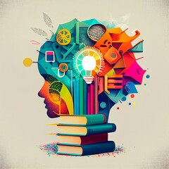 Brain with Cogs, Lightbulb and Book. Knowledge Concept, Education, Learning Illustration. AI Generative Image - obrazy, fototapety, plakaty
