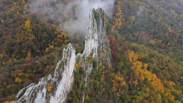 Aerial view of Seneca Rocks during Falls at West Virginia on a rainy day, 