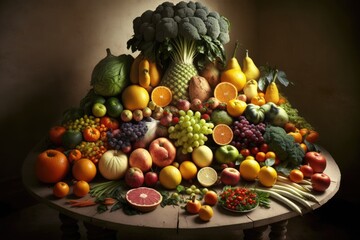 Fototapeta na wymiar colorful variety of fresh fruits and vegetables on a table. Generative AI