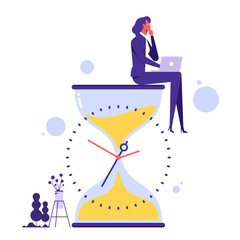 Businesswoman sitting and thinking on hourglass. Wasting time. Too much thinking. Deadline or time management vector illustration concept