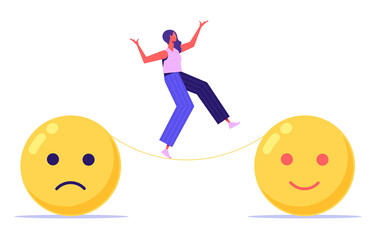 Emotional balance and harmony. Woman walks on thin rope to positive feeling. Metaphor for getting rid of negativity and improving mental state. flat vector illustration