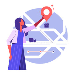 Woman set pick up location in Mobile delivery app, online order and delivery process. Mobile delivery concept