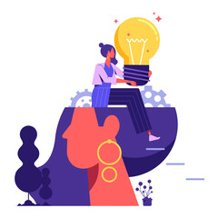 Woman standing in big head with light bulb, finding ideas. Innovation ideas and projects, think out of the box concept