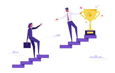 Leadership help colleague to succeed and reach goal achieve target, mentorship, support or help for career success concept, businessman leader help employee climb to target at top of stair