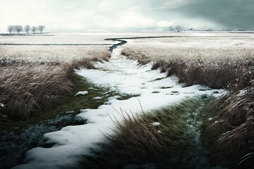 serene winter landscape with a path leading through a snowy field. Generative AI