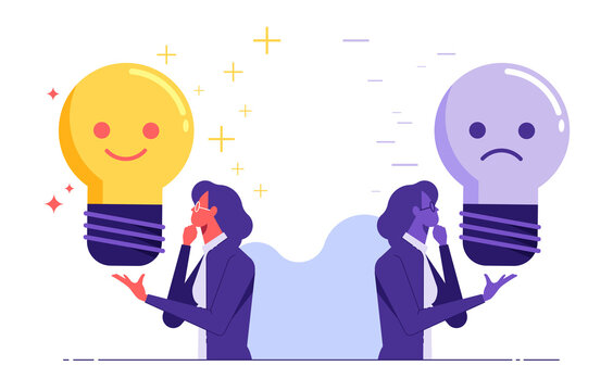 Businesswoman with positive and negative vibes around, mindset to success in work, Positive and negative thinking vector concept