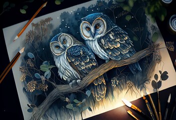owls in the night forest watercolor illustration. Generative AI