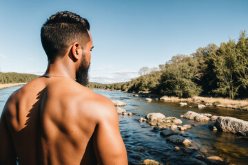 man from the back looking at a beautiful river landscape on a sunny day. Generative AI