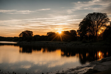 Fototapeta premium sunset landscape on the riverside. Generative AI