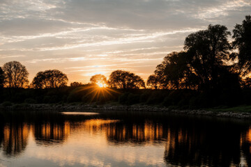 Fototapeta na wymiar sunset landscape on the riverside. Generative AI