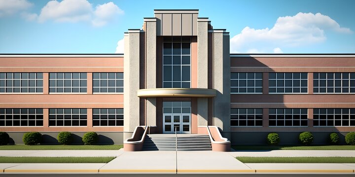 Front View Of A Modern American Public School Orthographic Daytime No People 