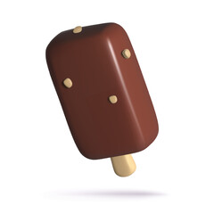 3d chococlate ice cream with nuts on wooden stick icon glazed popsicle Realistic vector illustration