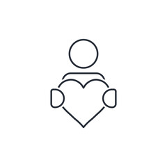 Man holding a gift heart. Vector linear icon isolated on white background.