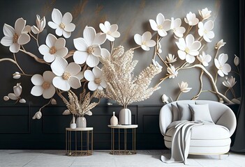 Natural white flowers on tree wall paper 3d living room bedroom TV 3D wallpaper home decoration mural wallpaper for walls 3d. Generative AI
